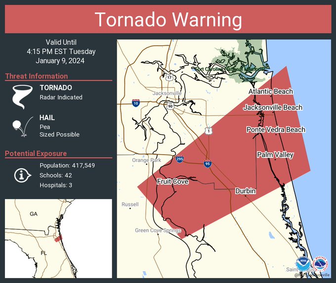 Tornado Warning Issued For Jacksonville Beach