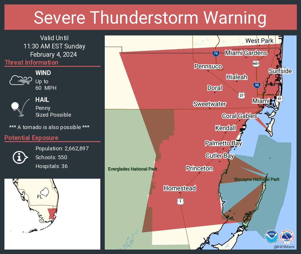 Severe Thunderstorm Warning Issued for Miami-Dade and Broward Counties