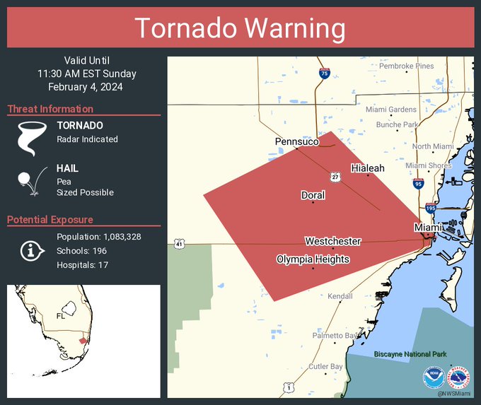 Tornado Warning Issued for Central Miami-Dade County