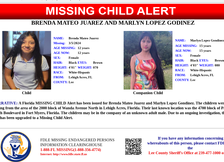 Florida Missing Child Alert Issued For 2 Lee County Girls