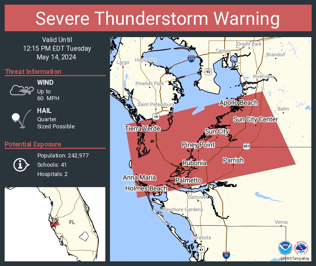 Severe Thunderstorm Warning For Pinellas, Pasco, Hillsborough Counties