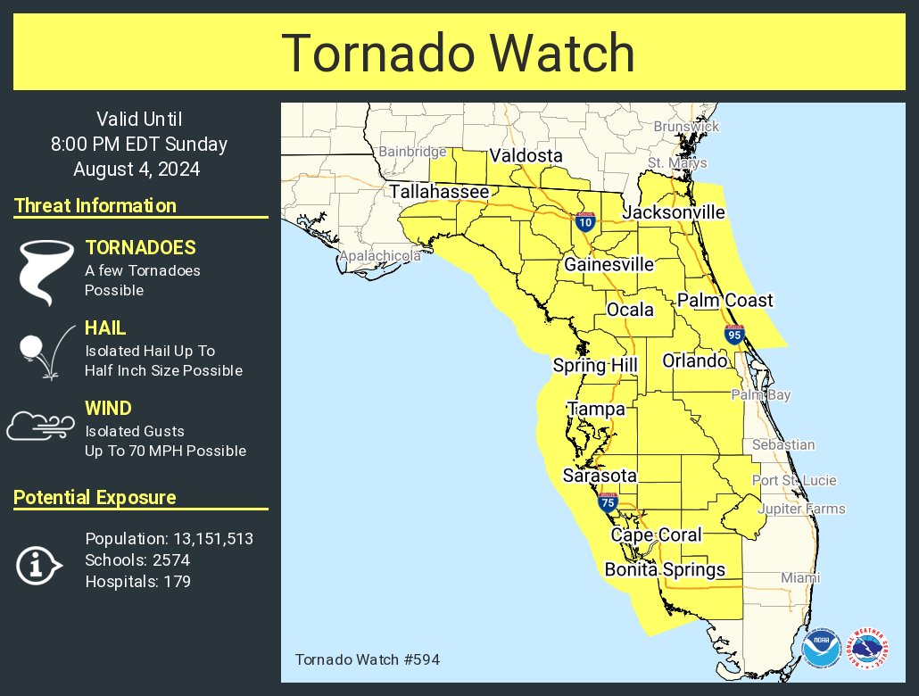 National Weather Service Issues Tornado Watch For 46 Florida Counties