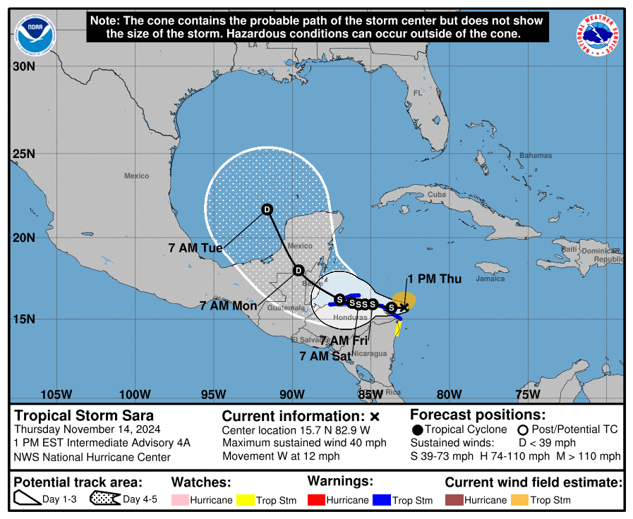 NOAA: Tropical Storm Sara Projected Path, Spaghetti Models