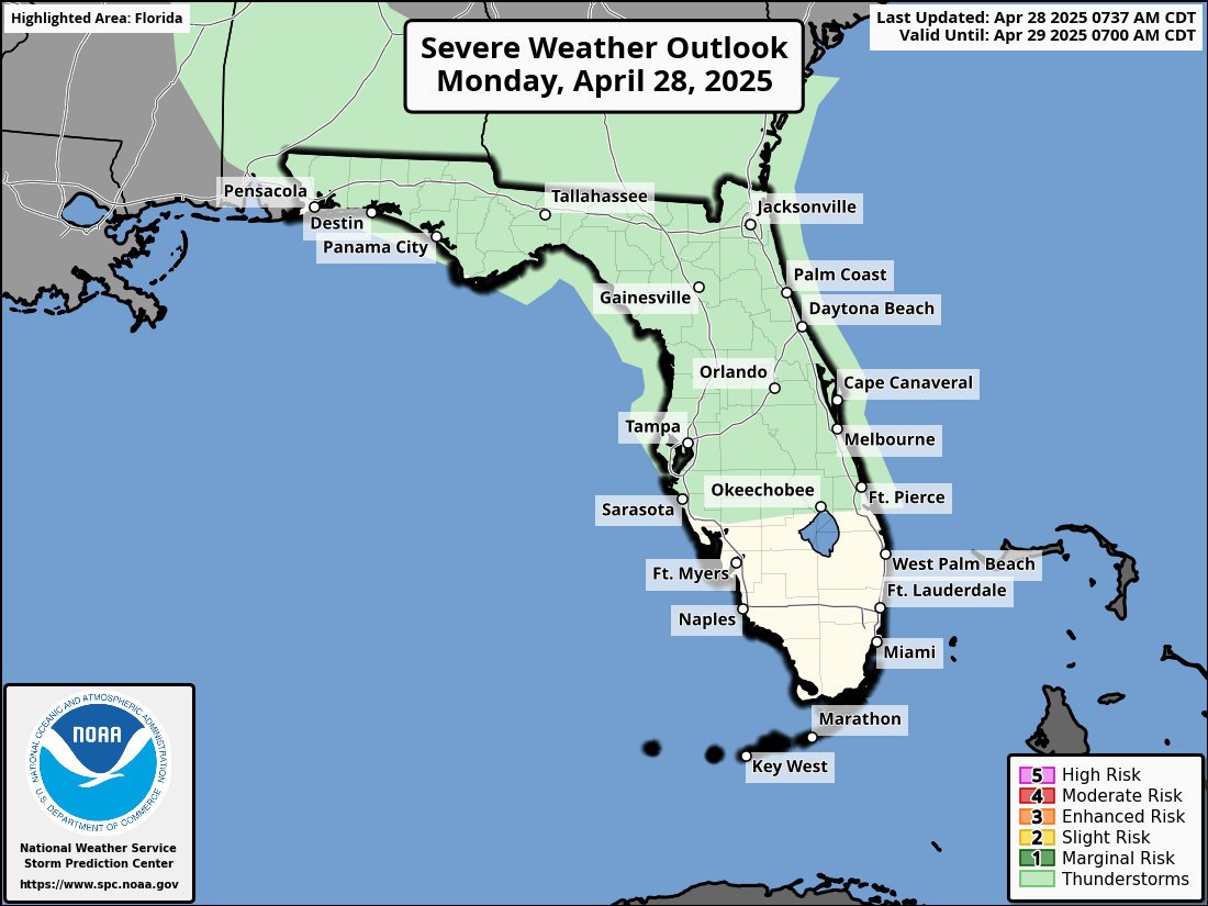 National Weather Service Storm Prediction Center Severe Weather Outlook for Florida on Monday, April 28, 2025.
