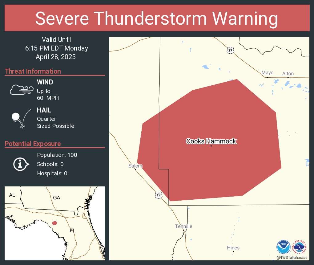 Severe Thunderstorm Warning Issued for Parts of Florida Big Bend