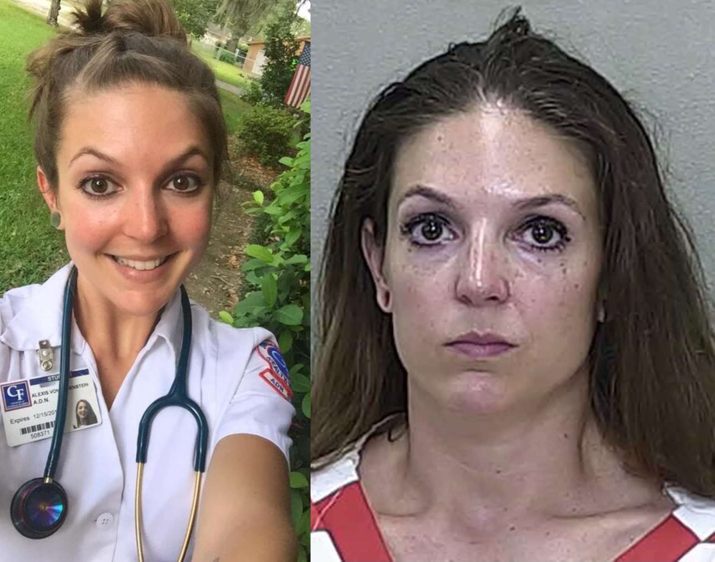 Alexis Von Yates, a 35-year-old registered nurse from Ocala, Florida, had her single-state nursing license suspended on April 25, 2025, following allegations of sexual abuse involving her 15-year-old stepson. Credit: Facebook (left) Marion County Jail (right).