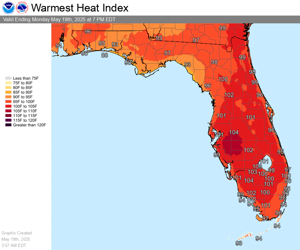 National Weather Service forecast map showing the warmest heat index across Florida on Monday, May 19th, 2025,, with triple-digit values continuing in most areas.