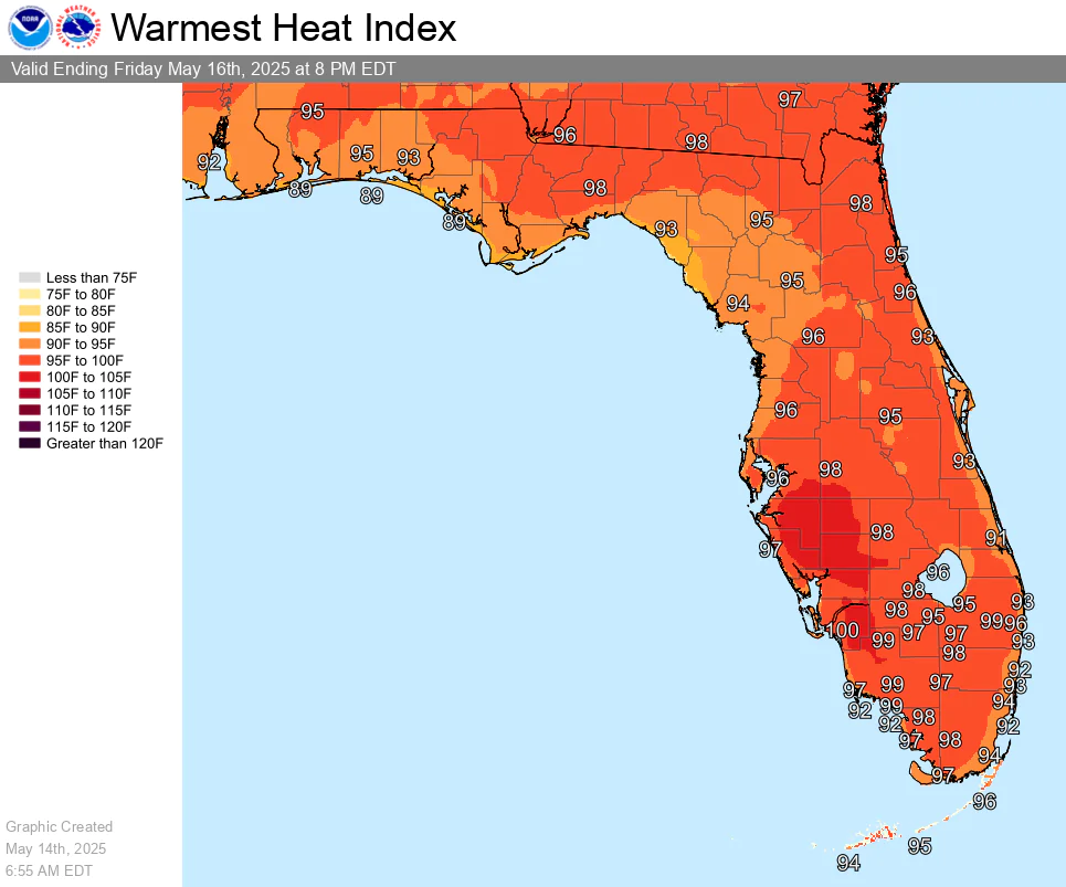 National Weather Service Florida Maximum Heat Indices Friday May 16, 2025