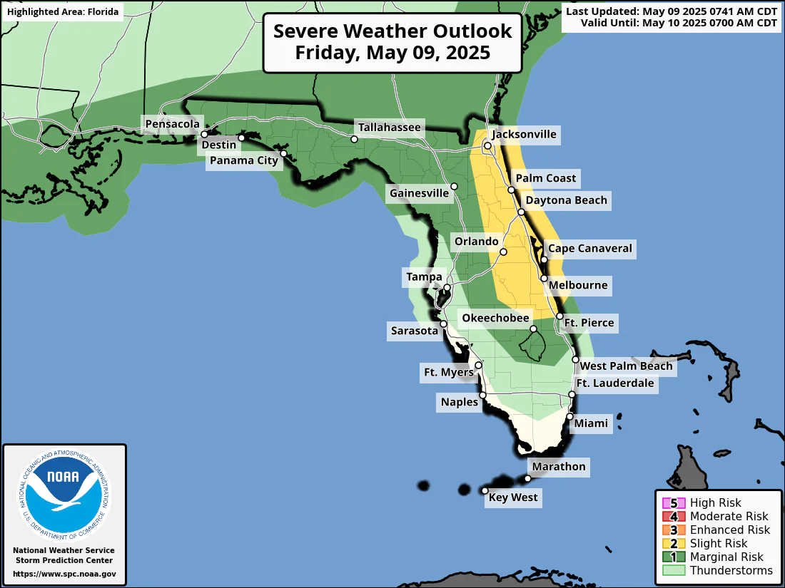 National Weather Service Storm Prediction Center Severe Weather Forecast for Florida Friday May 9, 2025.