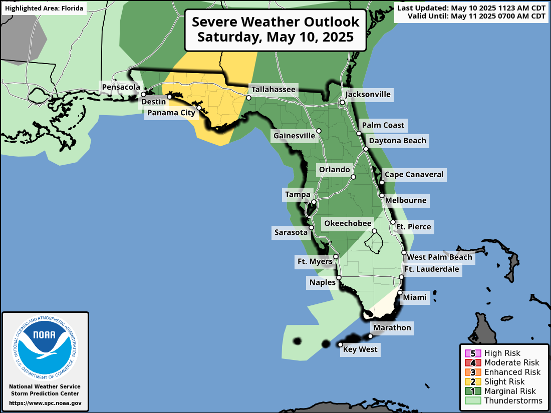 National Weather Service Storm Prediction Center Severe Weather Forecast for Florida Saturday May 10, 2025.