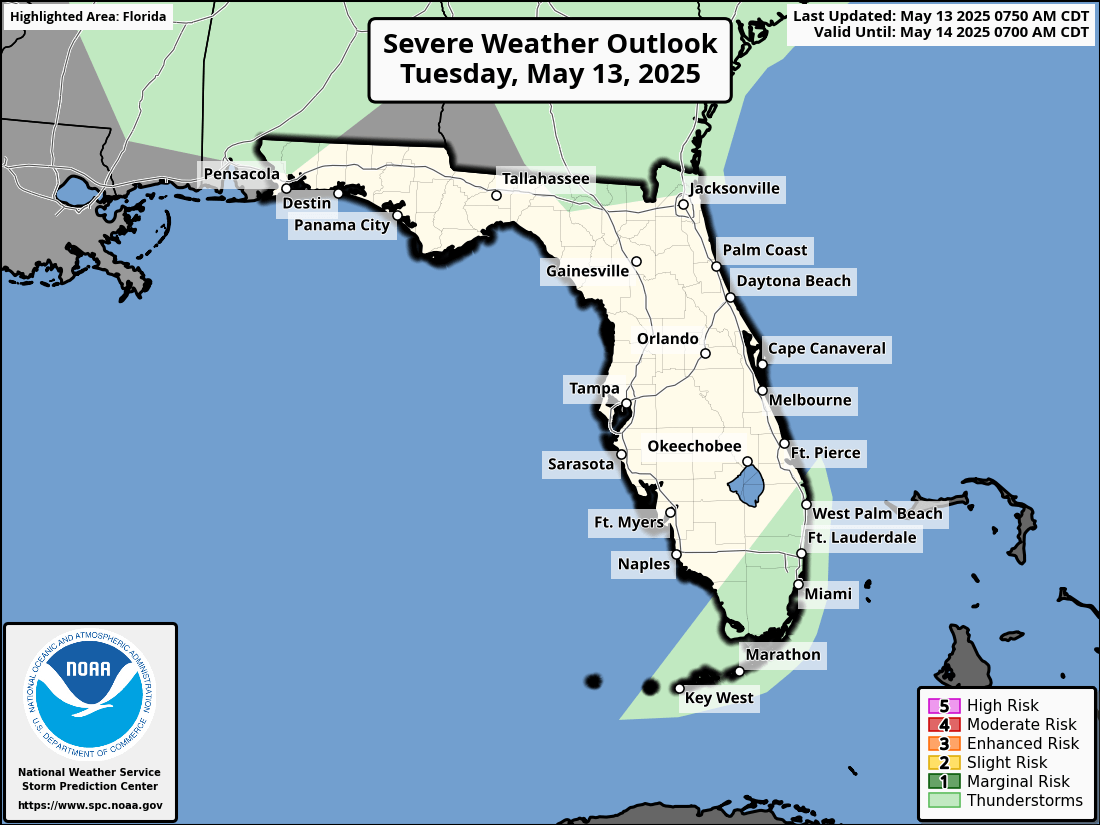 National Weather Service Storm Prediction Center Severe Weather Forecast for Florida Tuesday, May 13, 2025.