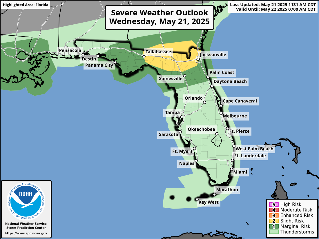 National Weather Service Storm Prediction Center Severe Weather Forecast for Florida Wednesday, May 21, 2025.