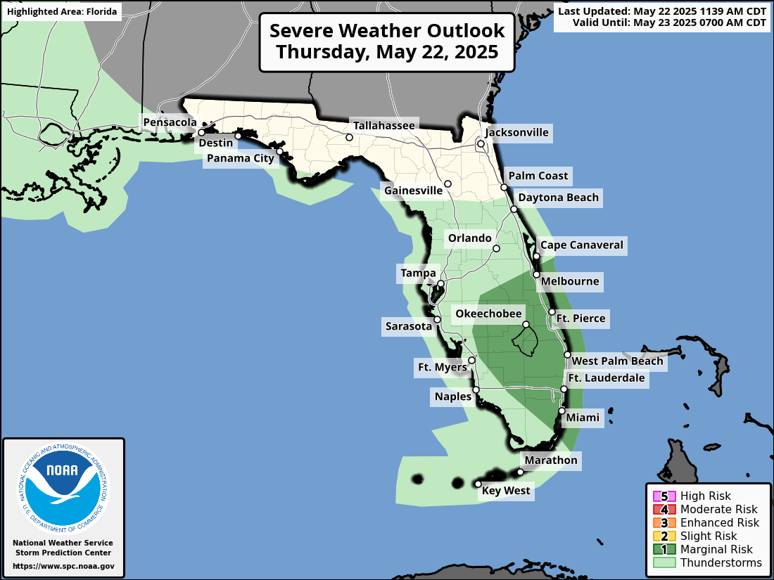 National Weather Service Storm Prediction Center Severe Weather Forecast for Florida Thursday, May 22, 2025.