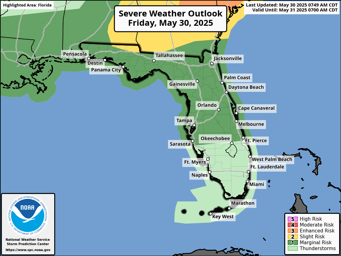 National Weather Service Storm Prediction Center Severe Weather Forecast for Florida Friday May 30, 2025.