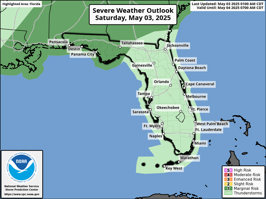 National Weather Service Storm Prediction Center Severe Weather Forecast for Florida Saturday May 3, 2025.