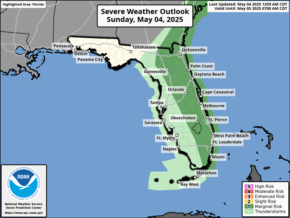 National Weather Service Storm Prediction Center Severe Weather Forecast for Florida Sunday May 4, 2025.