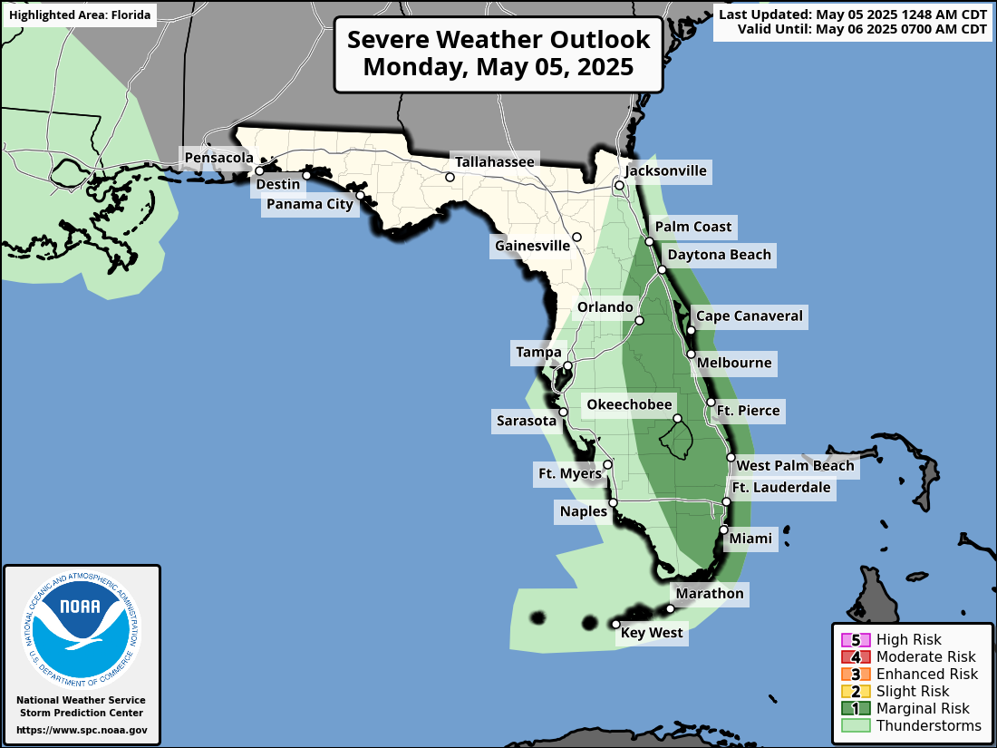 National Weather Service Storm Prediction Center Severe Weather Forecast for Florida Monday May 5, 2025.
