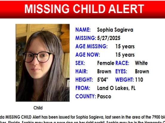 Florida Missing Child Alert Issued for 15-Year-Old Sophia Sagieva in Pasco County