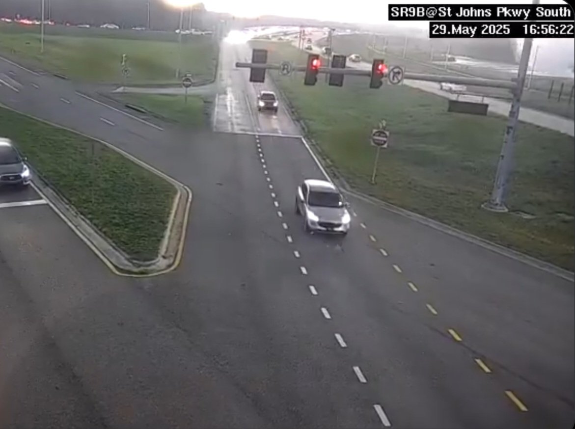 A confirmed tornado touched down in St. Johns County during a severe storm on Thursday, May 29, 2025, as captured by a traffic camera at the intersection of SR9B and St. Johns Parkway.
