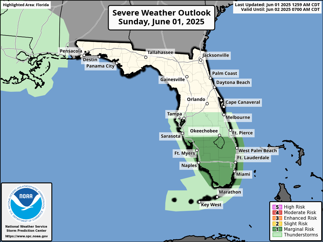 National Weather Service Storm Prediction Center Severe Weather Forecast for Florida Sunday, June 1, 2025.