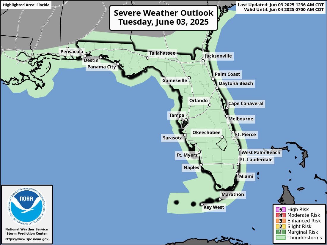 National Weather Service Storm Prediction Center Severe Weather Forecast for Florida Tuesday, June 3, 2025.