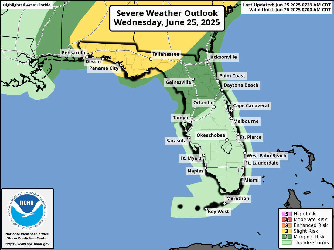 National Weather Service Storm Prediction Center Severe Weather Outlook for Florida Wednesday, June 25, 2025