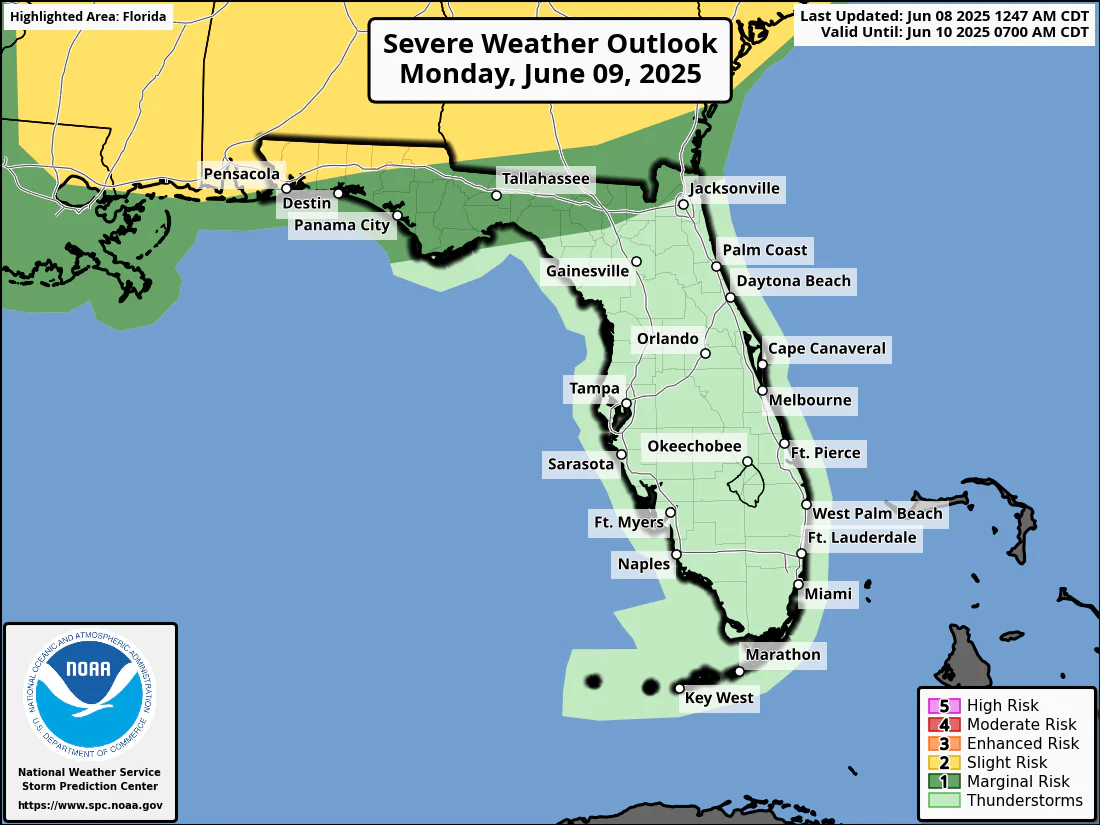 National Weather Service Storm Prediction Center Severe Weather Outlook for Florida Monday, June 9, 2025
