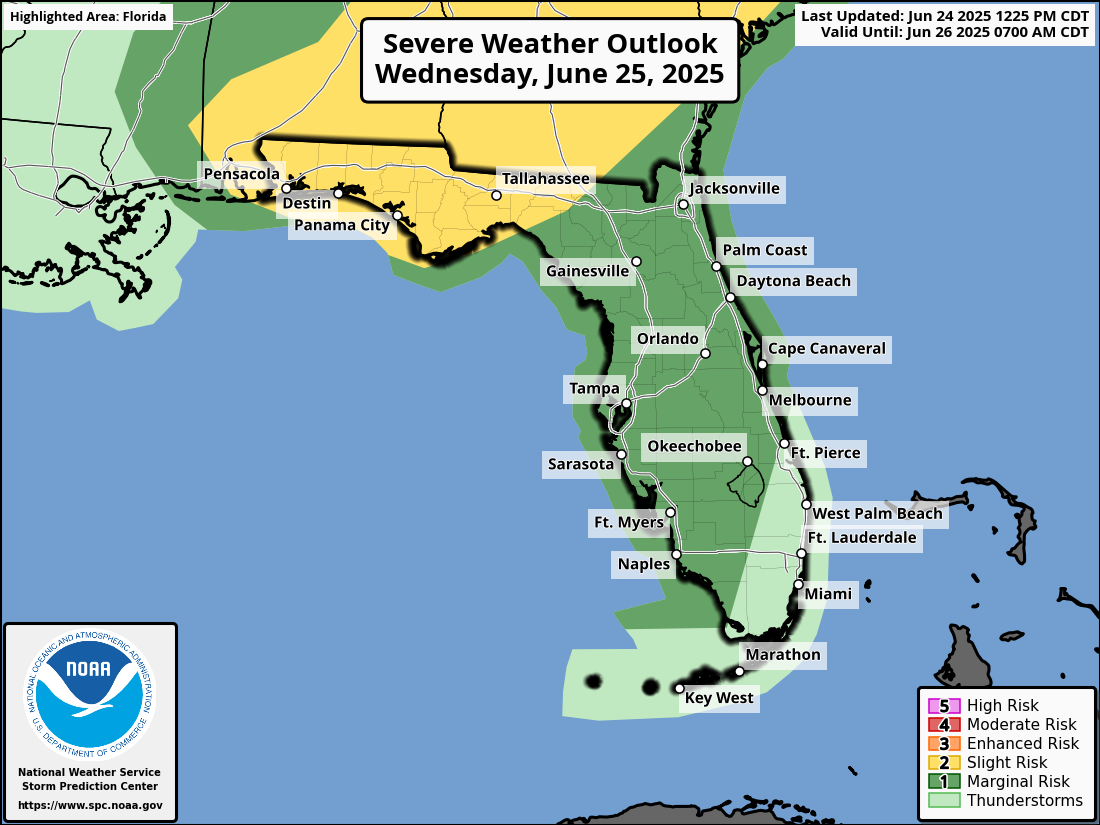 National Weather Service Storm Prediction Center Severe Weather Outlook for Florida Wednesday, June 25, 2025