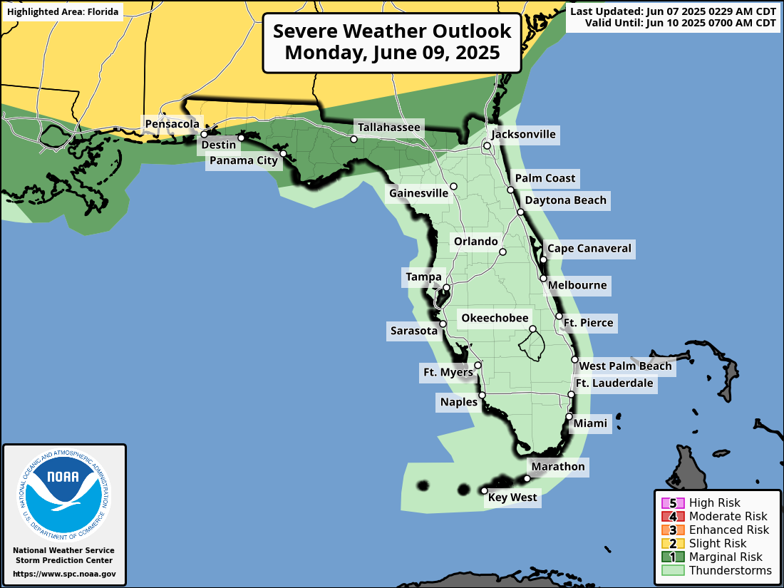 National Weather Service Storm Prediction Center Severe Weather Outlook for Florida Monday, June 9, 2025