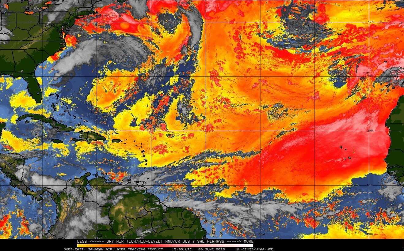 NOAA GOES-EAST Satellite Imagery shows Sahara dust over Florida and across the TropicalAtlantic (orange) on June 6, 2025