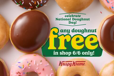 On June 6, Krispy Kreme is offering one free doughnut of any variety (no purchase necessary)