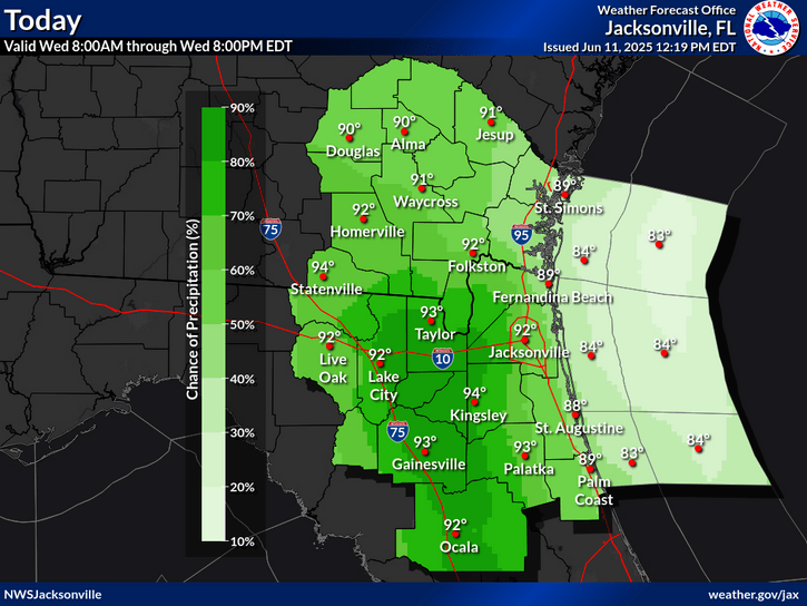 National Weather Service Jacksonville Rainfall Forecast for North Florida Wednesday, June 11, 2025.