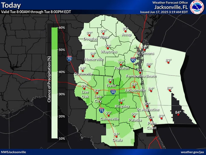 Afternoon Thunderstorms, Gusty Winds For North Florida