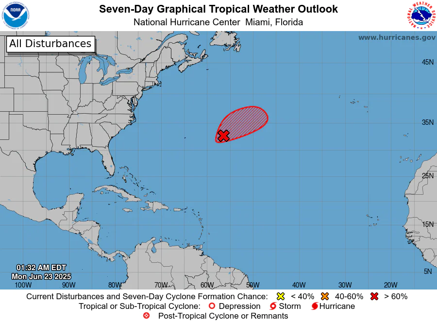 Seven-Day Graphical Tropical Weather Outlook showing a disturbance east of Bermuda with a >60% formation chance. Credit: NHC.