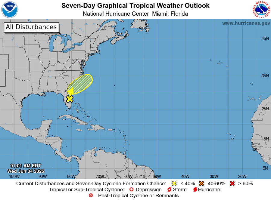 A map from the National Hurricane Center showing a seven-day graphical tropical weather outlook for the Atlantic region, dated June 4, 2025, at 07:46 AM EDT. The map highlights an area off the southeastern U.S. coast, from Florida to the Carolinas.