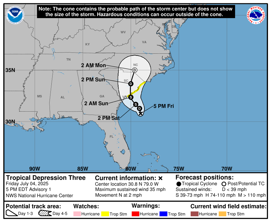 NOAA National Hurricane Center Tropical Depression Three 2025 Projected Path