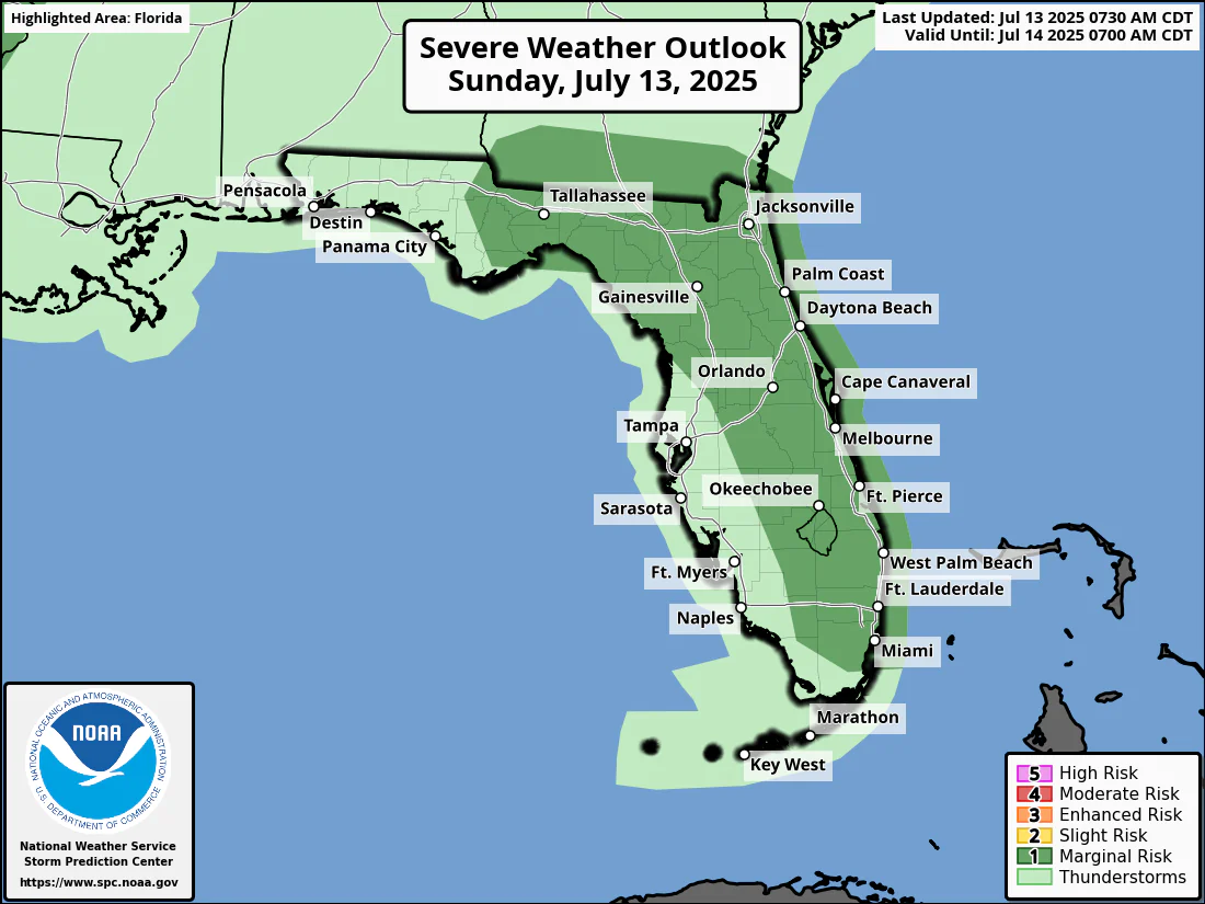 National Weather Service Storm Prediction Center Severe Weather Outlook for Florida Sunday, July 13, 2025.