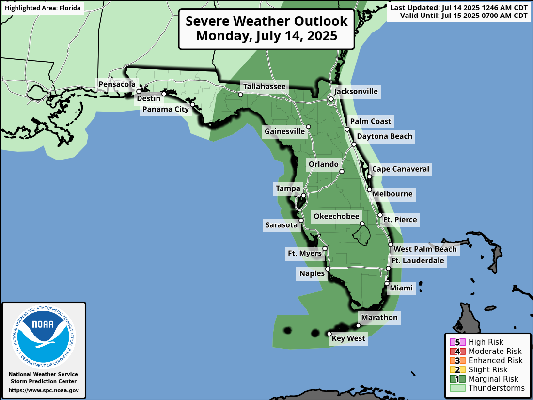 National Weather Service Storm Prediction Center Severe Weather Outlook for Florida Sunday, July 14, 2025.