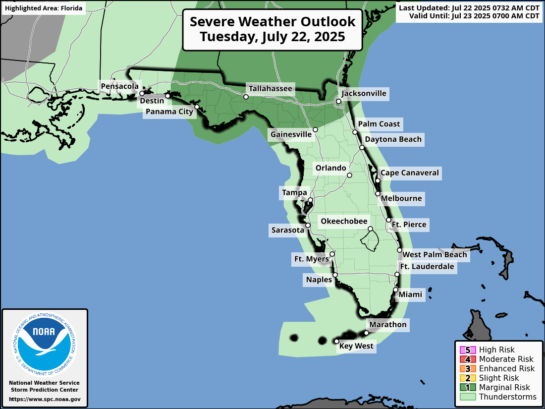 National Weather Service Storm Prediction Center Severe Weather Outlook for Florida Tuesday, July 22, 2025.