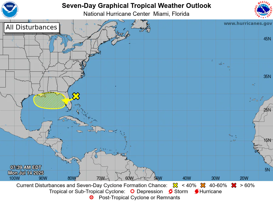 NOAA’s National Hurricane Center 8 AM Tropical Weather Outlook for July 14, 2025.