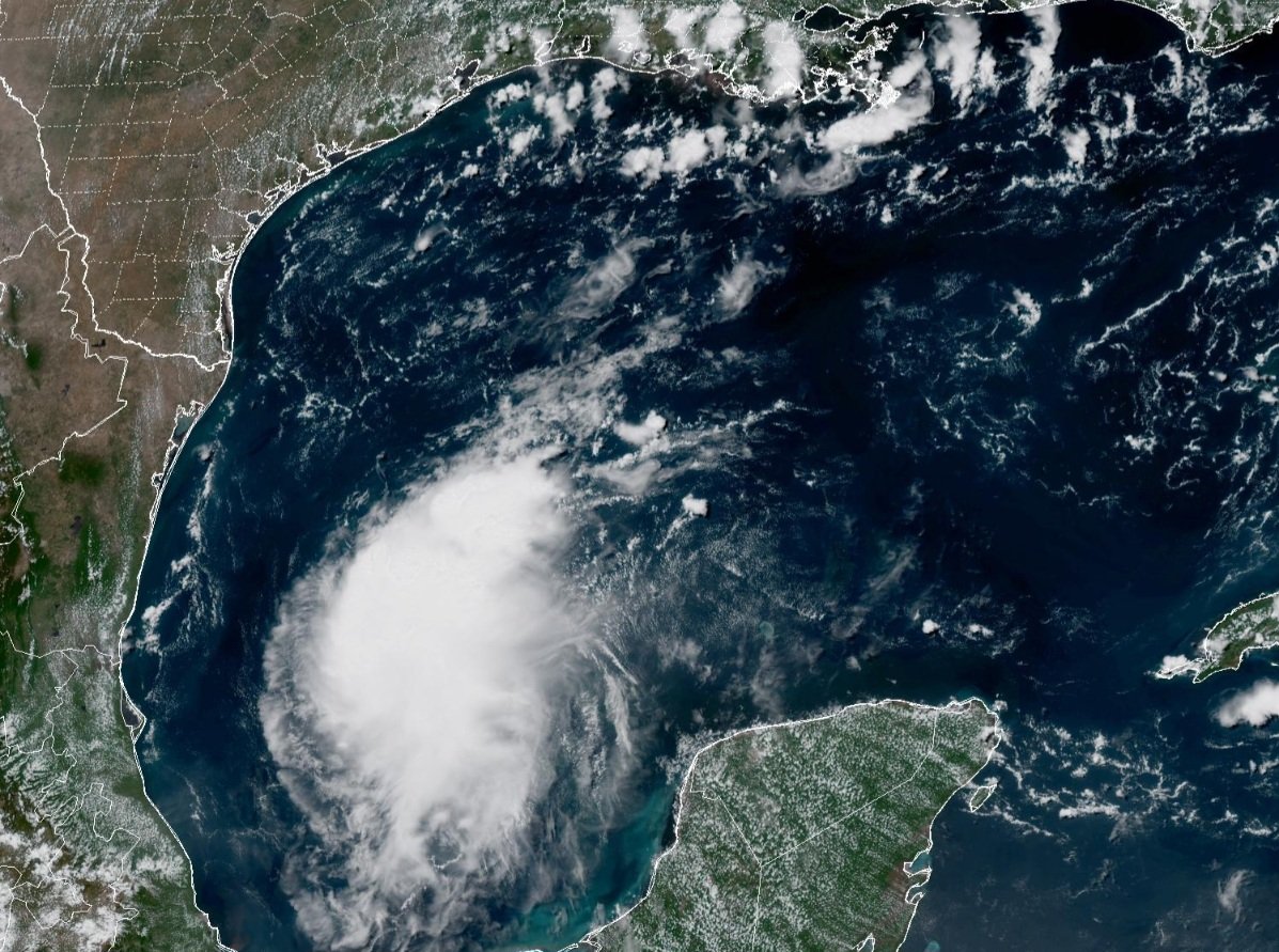 NOAA GOES East Satellite imagery of Invest 98L 2025 near Mexico.