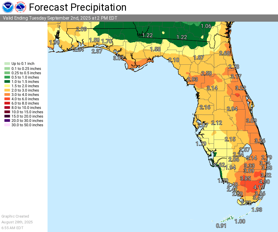 Forecast Precipitation Across Florida Valid Ending Tuesday September 2nd, 2025 at 12 PM EDT