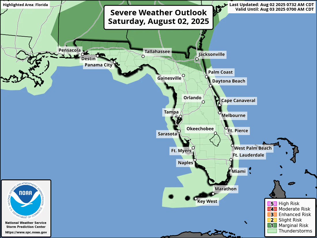 National Weather Service Storm Prediction Center Severe Weather Outlook for Florida Saturday, August 2, 2025.