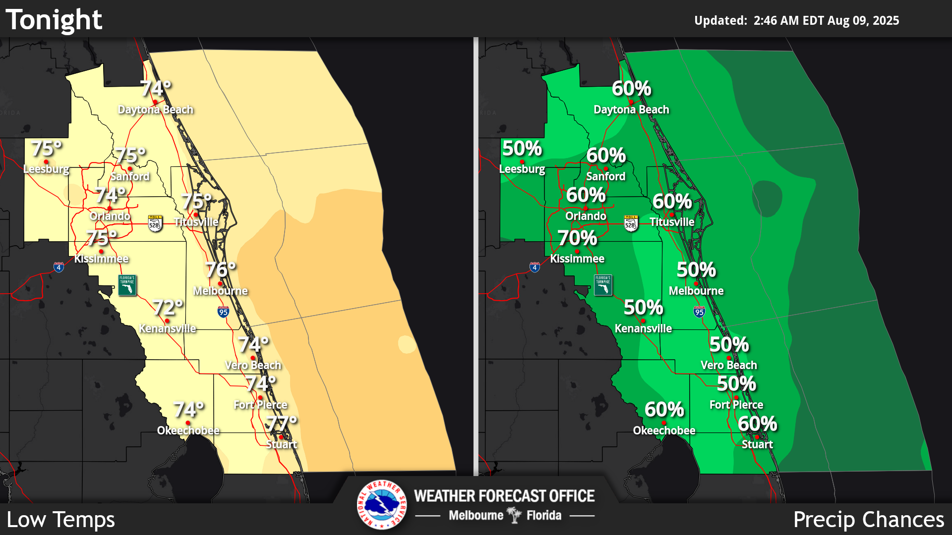 National Weather Service Central Florida rain chances and high temperatures.