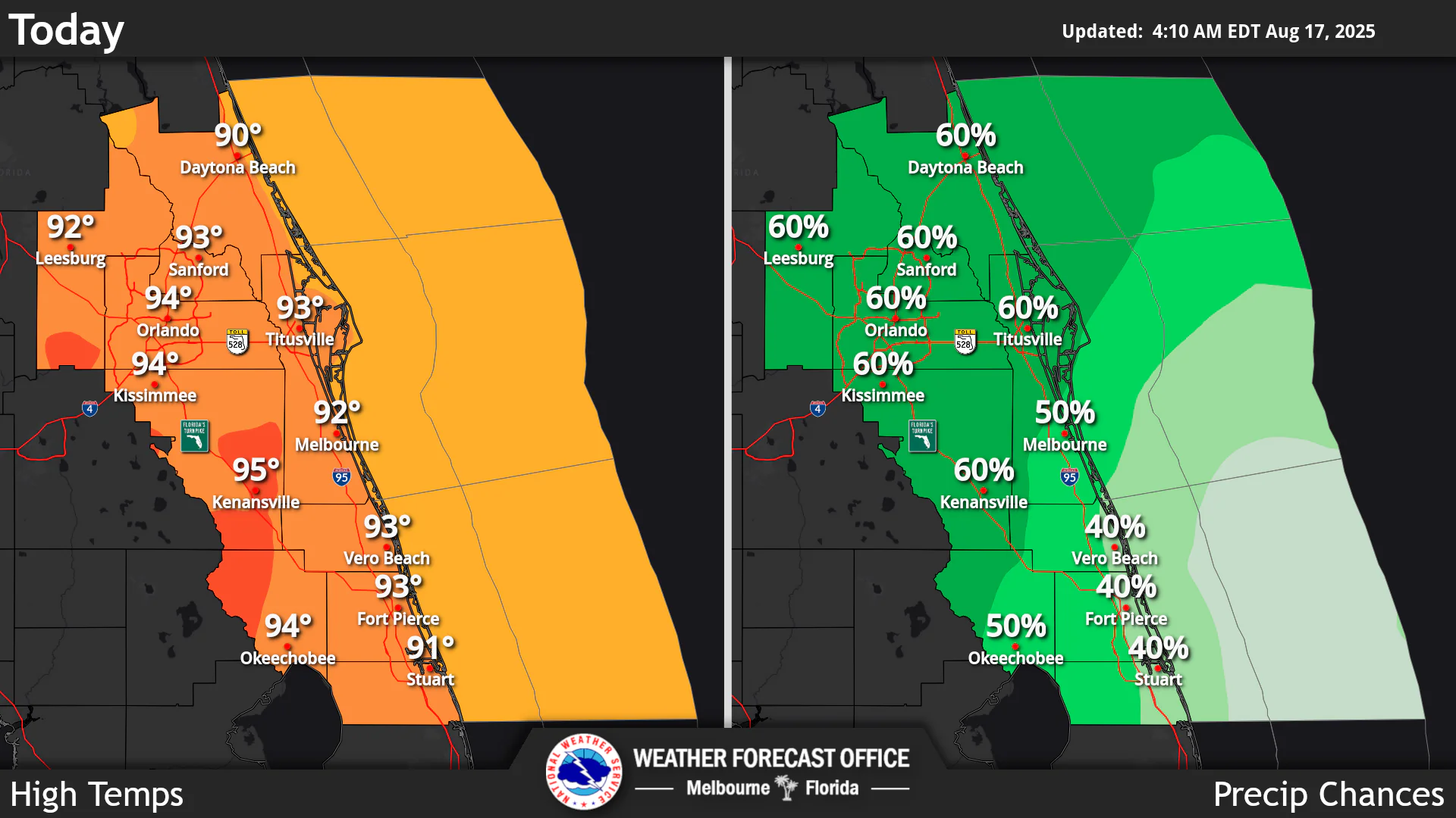 National Weather Service Central Florida rain chances and high temperatures.