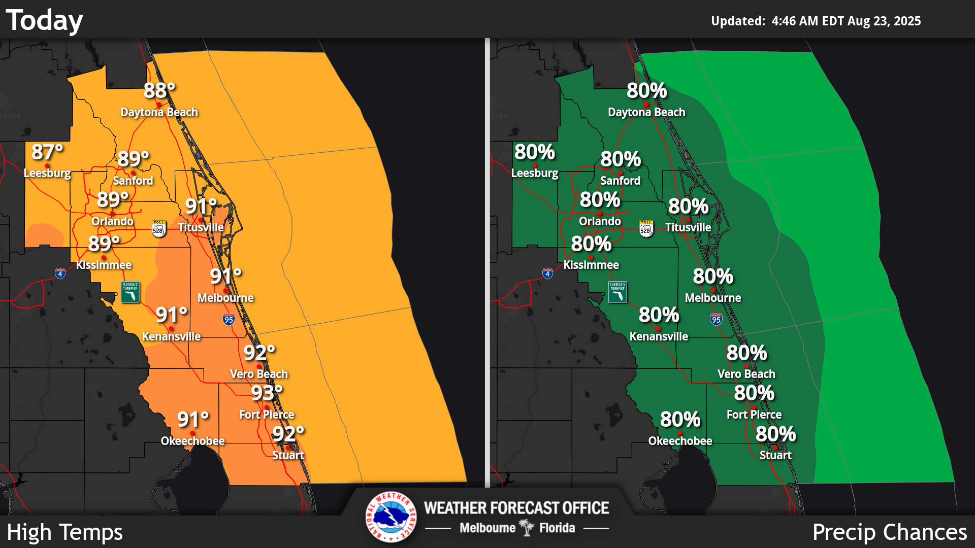 National Weather Service Central Florida rain chances and high temperatures.