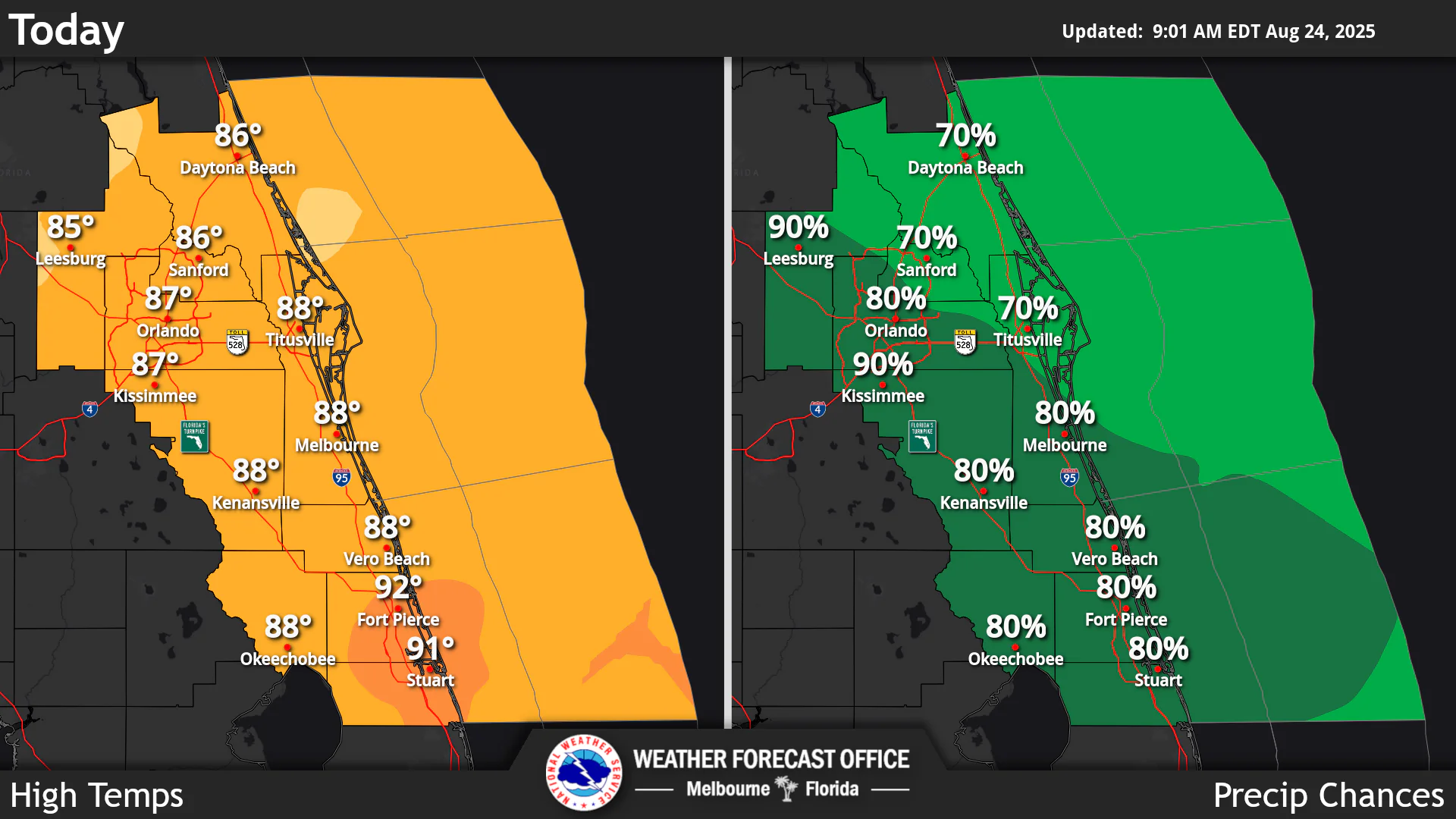 National Weather Service Central Florida rain chances and high temperatures.