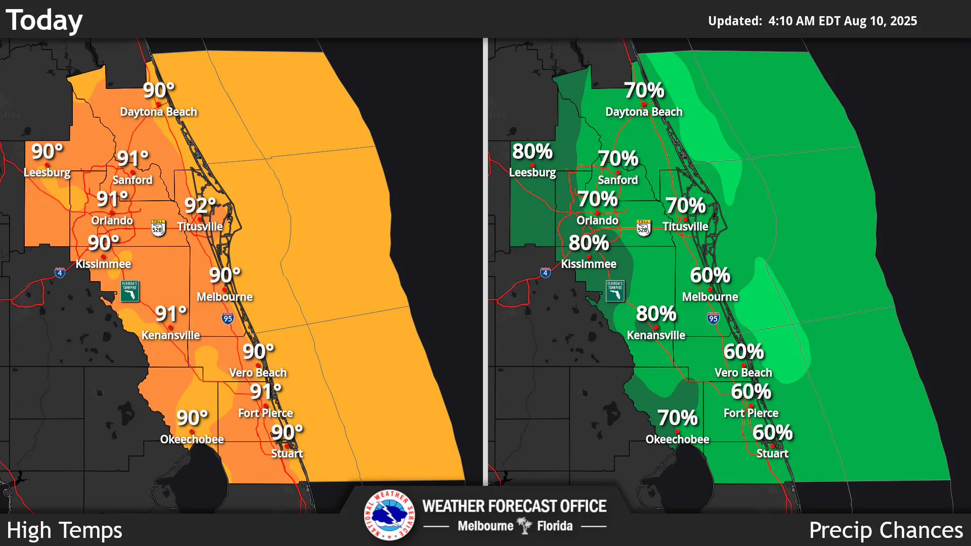 National Weather Service Central Florida rain chances and high temperatures.