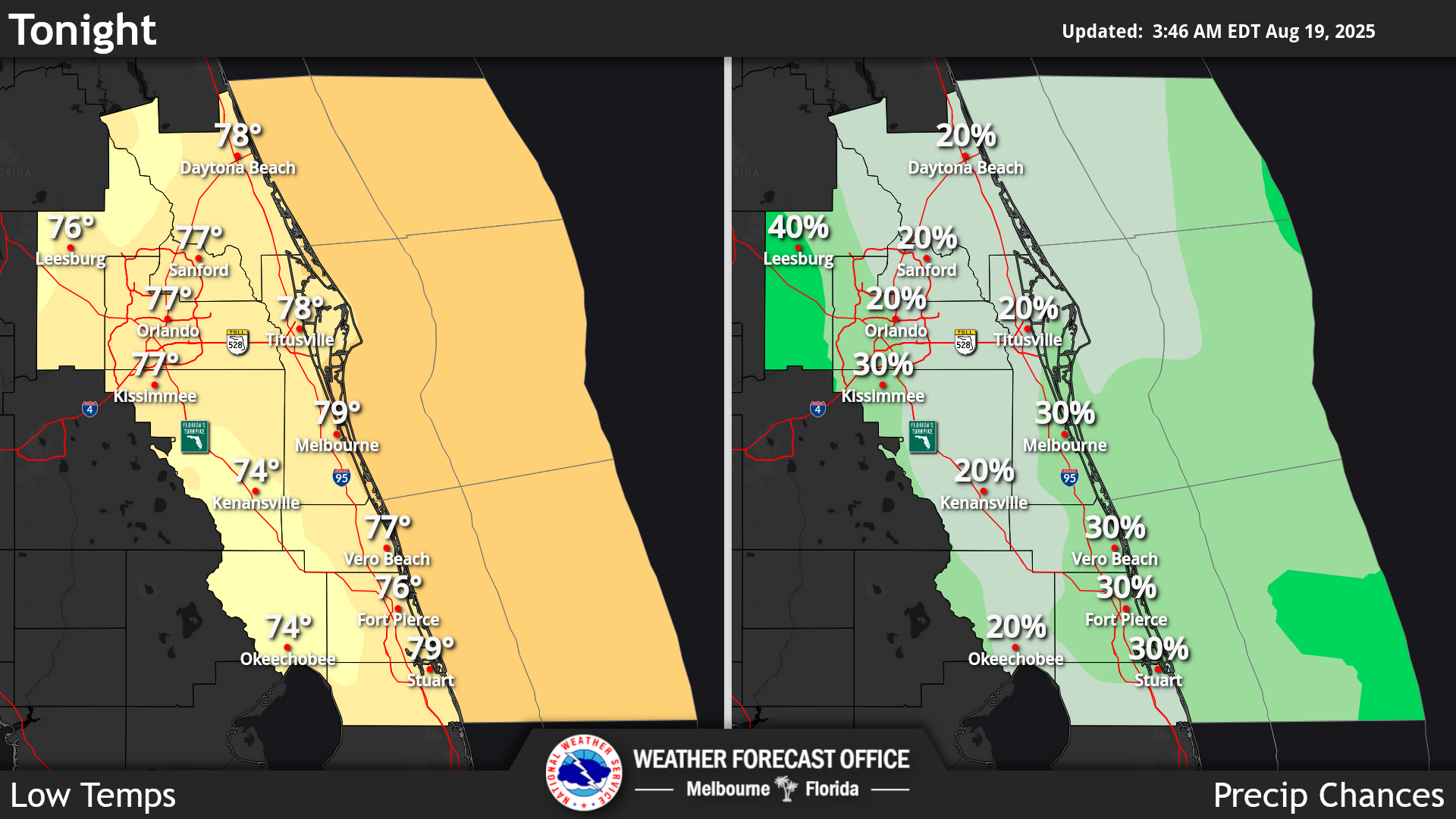 National Weather Service Central Florida rain chances and high temperatures.