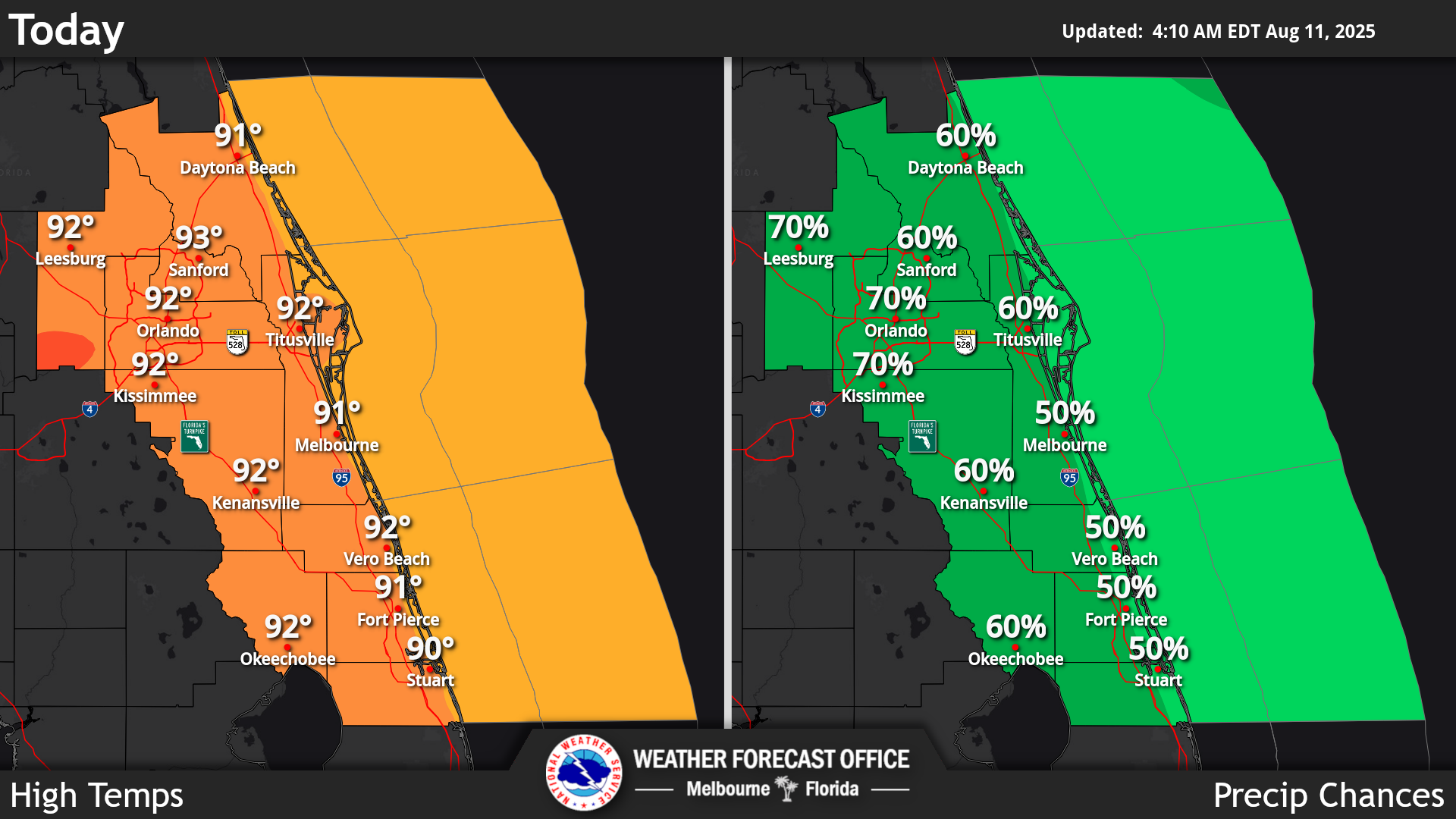National Weather Service Central Florida rain chances and high temperatures.